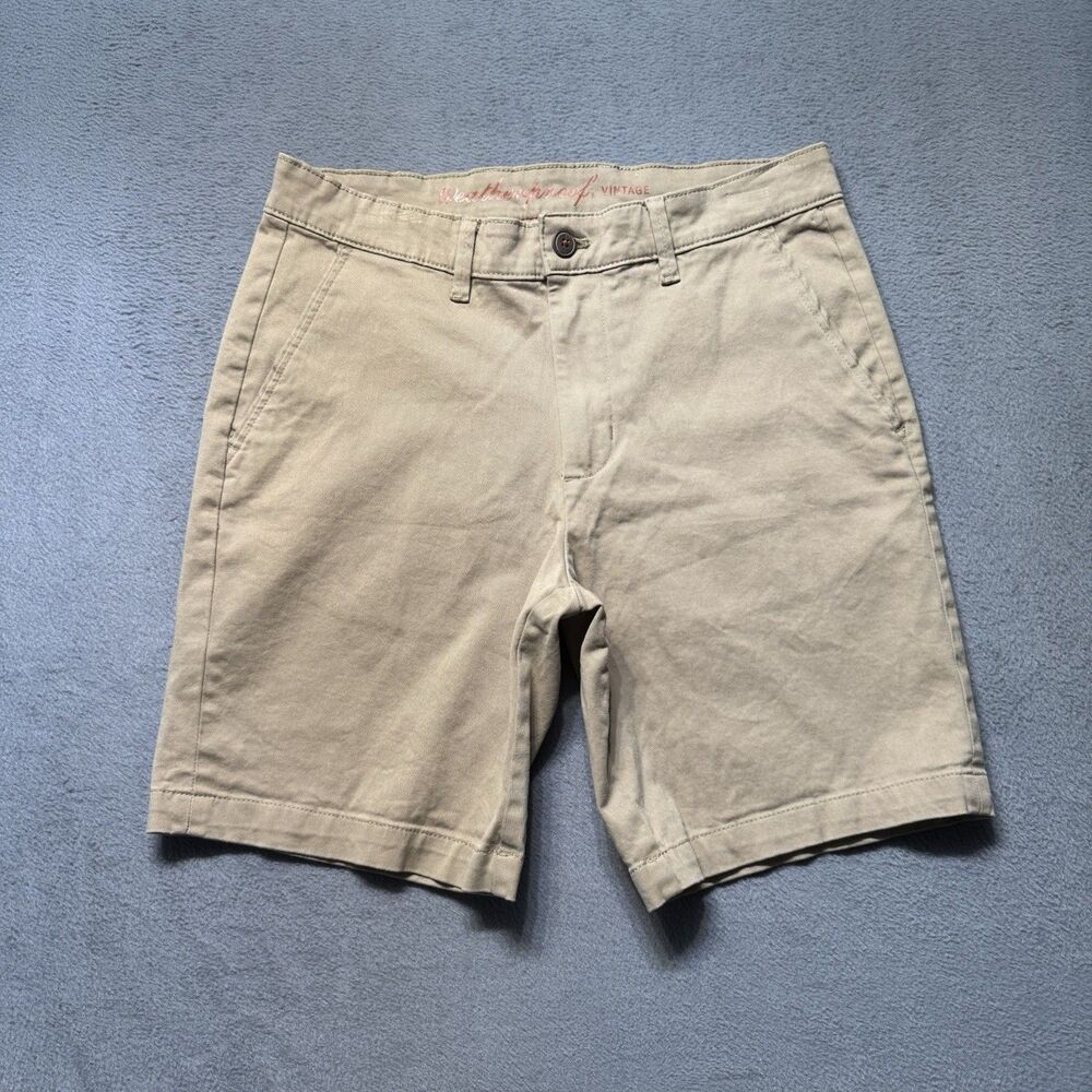 Weatherproof Vintage Mens 30 Flat Front Shorts Khaki Stretch Chino Casual EUC